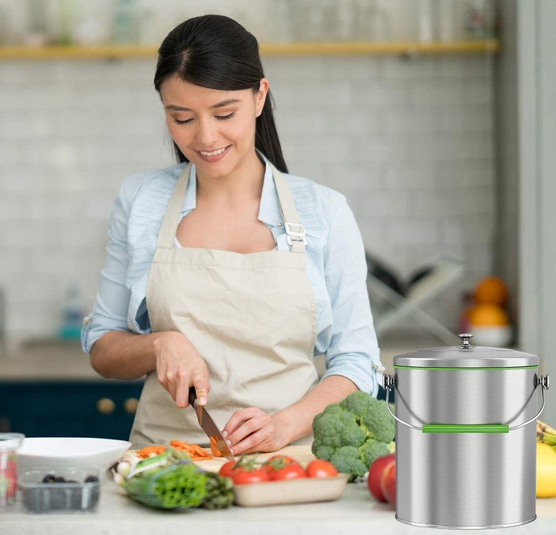 iTouchless Ecowise Stainless Steel Compost Bin Kitchen Countertop, 1.6 Gallon Trash Can Includes Odor Filter, Titanium Rust-Free Space-Efficient Slim Oval Shape 6 Liter Home, Office Business Breakroom - Image 2